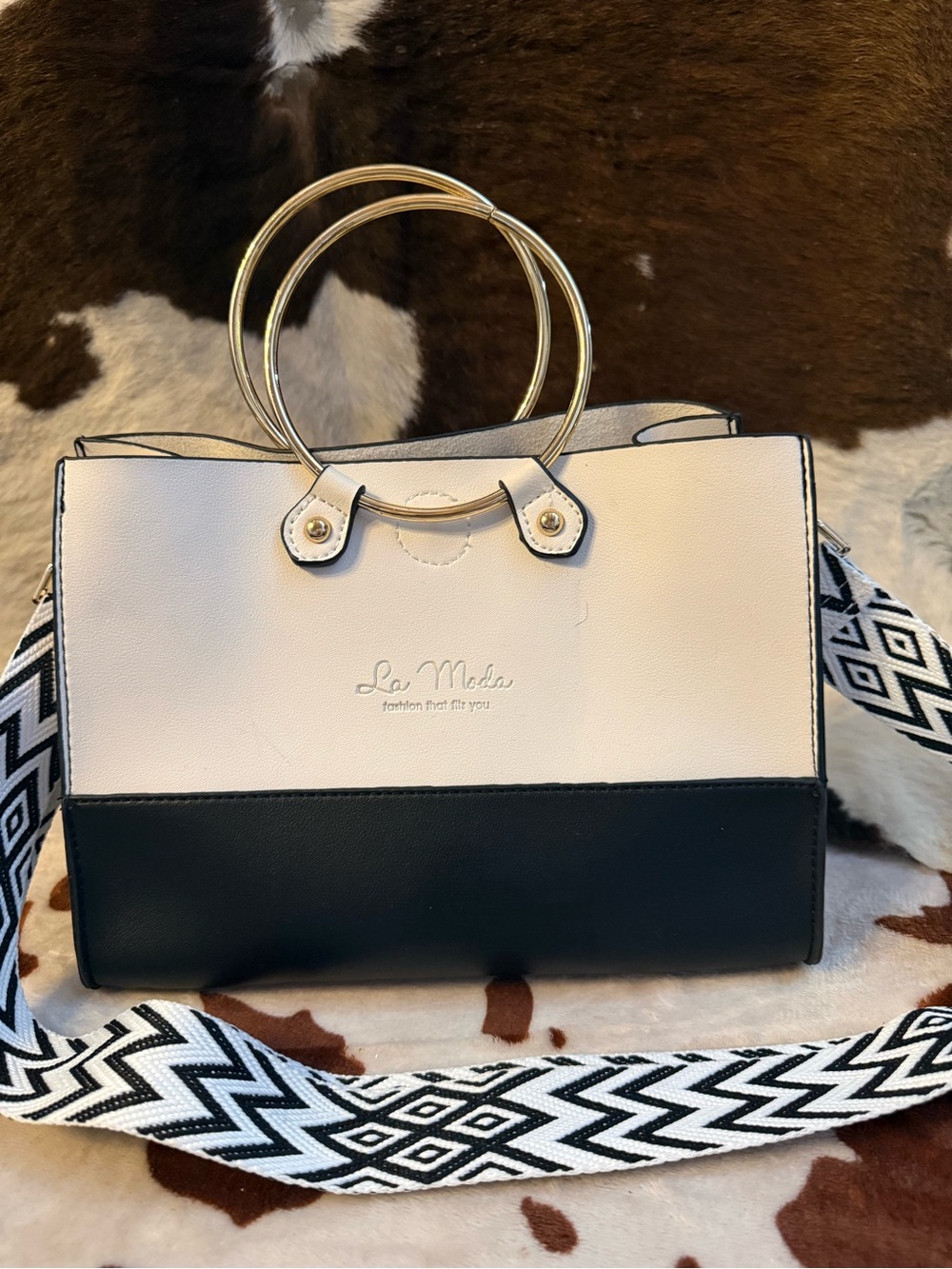 Moda Black & Cream Satchel with Gold Ring Handles